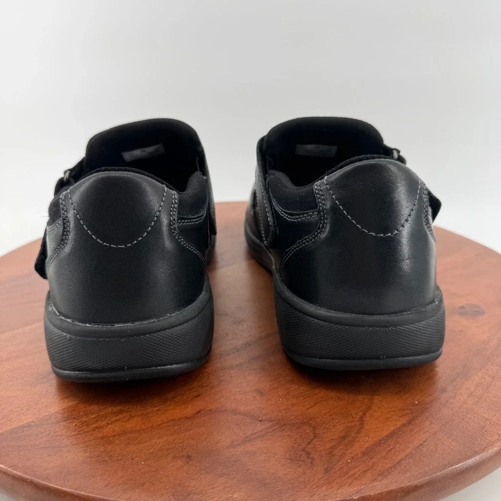 OrthoFeet 511 Mens Black Leather Hook and Loop Strap Walking Shoes 10 2E Wide